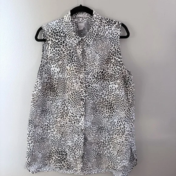 Chico's No Iron 100% Linen Sleeveless Leopard Print Tunic Top 3 XL - Picture 2 of 8